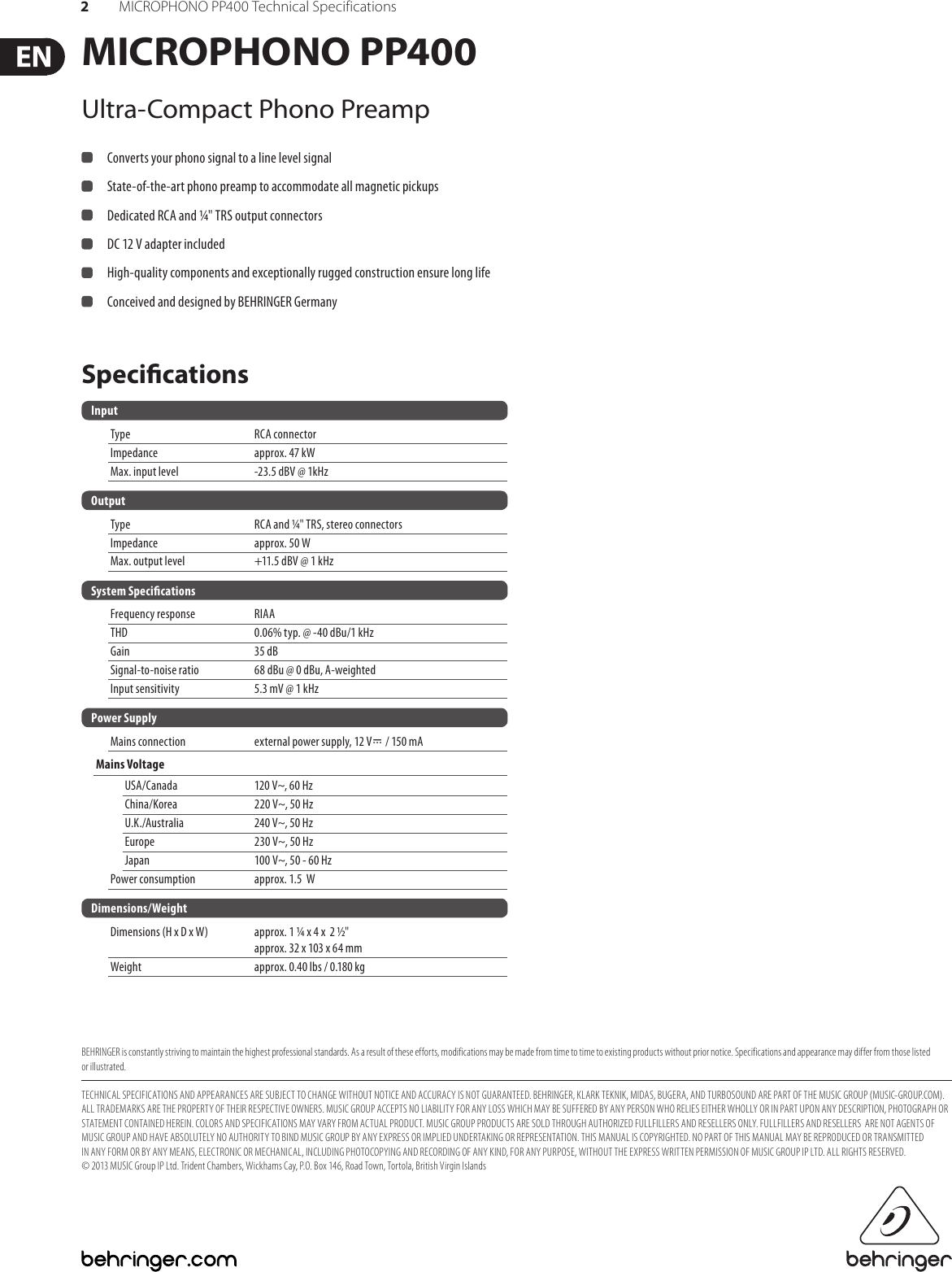 Page 2 of 2 - Behringer Behringer-Microphono-Pp400-Specification-Sheet-  Behringer-microphono-pp400-specification-sheet