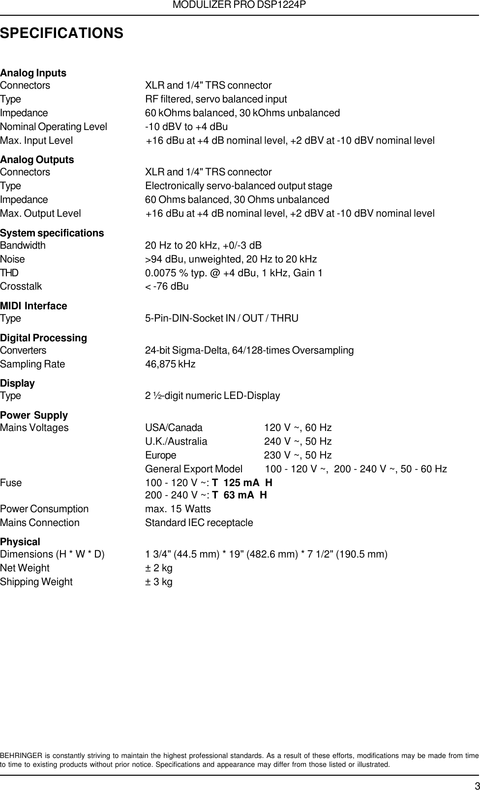 Page 3 of 4 - Behringer Behringer-Modulizer-Dsp1224P-Users-Manual- DSP1224P_A_Specs.p65  Behringer-modulizer-dsp1224p-users-manual