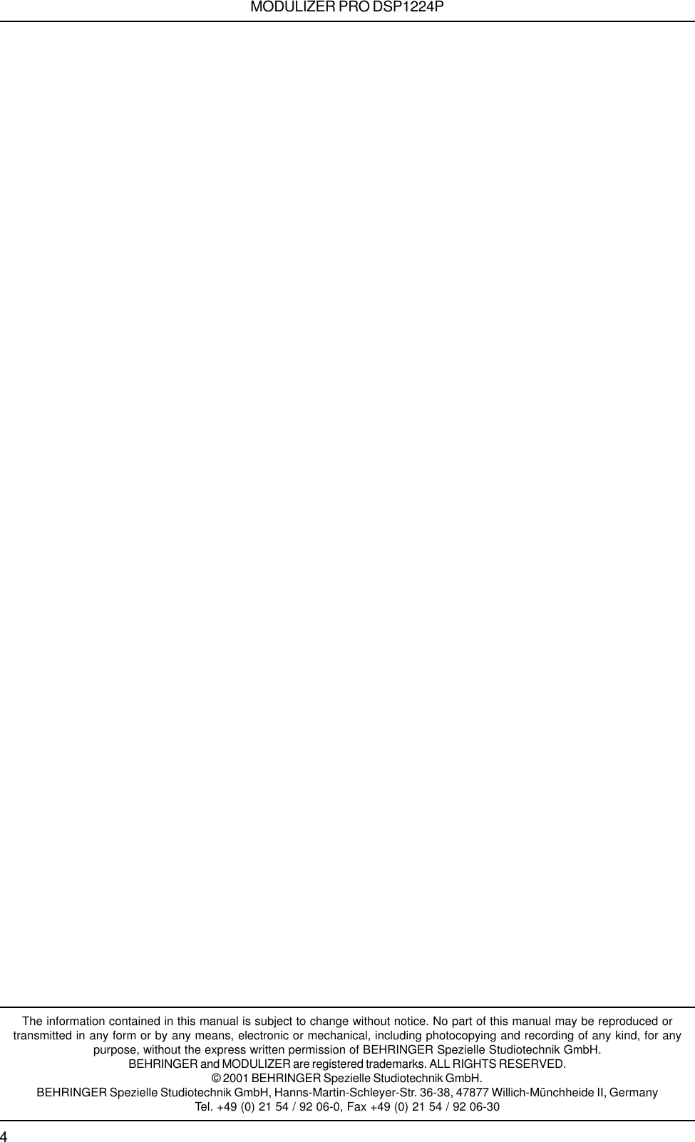 Page 4 of 4 - Behringer Behringer-Modulizer-Dsp1224P-Users-Manual- DSP1224P_A_Specs.p65  Behringer-modulizer-dsp1224p-users-manual