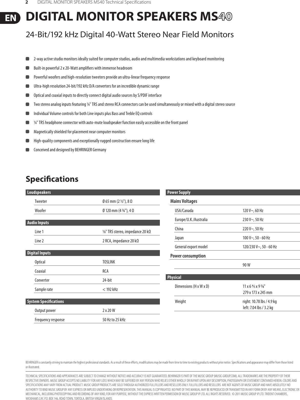 Page 2 of 2 - Behringer Behringer-Ms40-Specification-Sheet- DIGITAL MONITOR SPEAKERS MS40  Behringer-ms40-specification-sheet
