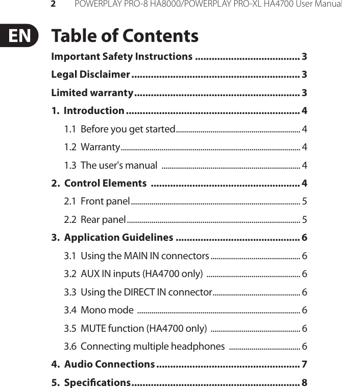 Page 2 of 10 - Behringer Behringer-Powerplay-Pro-Xl-Ha4700-Users-Manual- POWERPLAY PRO-8 HA8000/PRO-XL HA4700  Behringer-powerplay-pro-xl-ha4700-users-manual