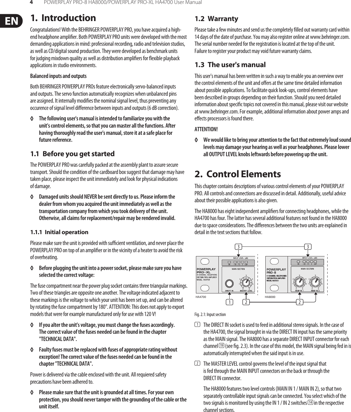 Page 4 of 10 - Behringer Behringer-Powerplay-Pro-Xl-Ha4700-Users-Manual- POWERPLAY PRO-8 HA8000/PRO-XL HA4700  Behringer-powerplay-pro-xl-ha4700-users-manual