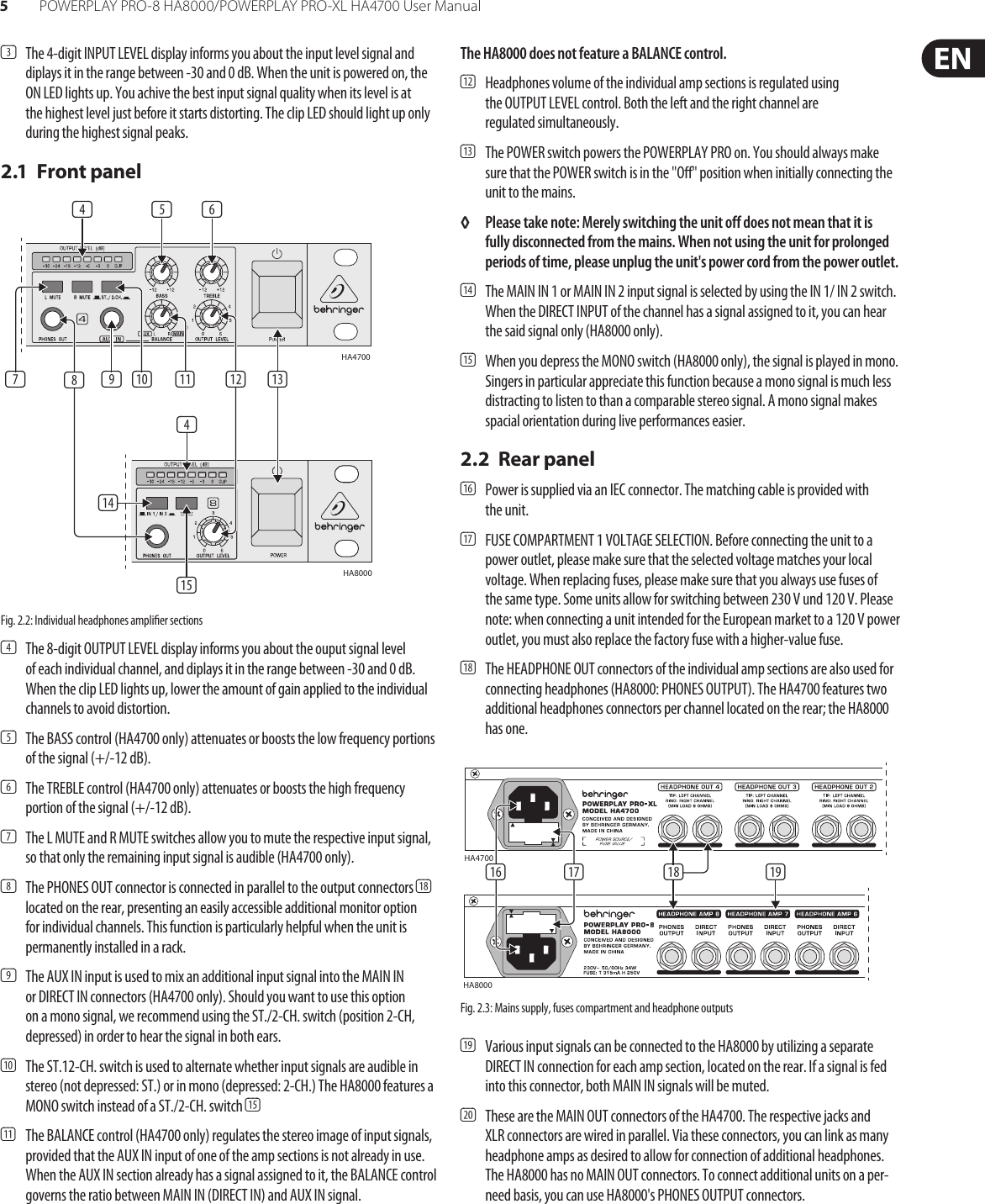 Page 5 of 10 - Behringer Behringer-Powerplay-Pro-Xl-Ha4700-Users-Manual- POWERPLAY PRO-8 HA8000/PRO-XL HA4700  Behringer-powerplay-pro-xl-ha4700-users-manual