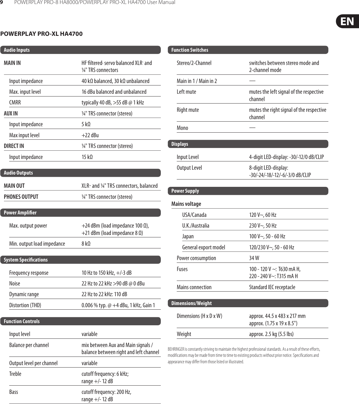 Page 9 of 10 - Behringer Behringer-Powerplay-Pro-Xl-Ha4700-Users-Manual- POWERPLAY PRO-8 HA8000/PRO-XL HA4700  Behringer-powerplay-pro-xl-ha4700-users-manual