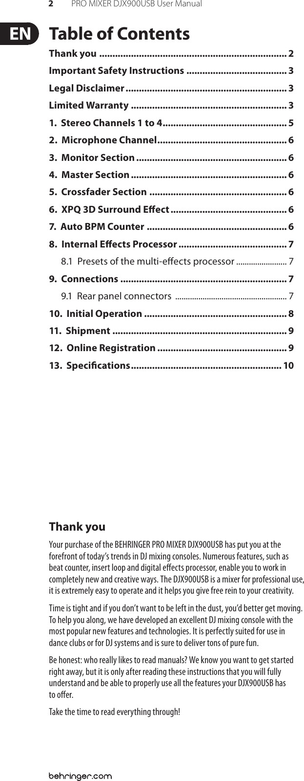 Page 2 of 11 - Behringer Behringer-Pro-Mixer-Djx900Usb-Users-Manual- PRO MIXER DJX900USB  Behringer-pro-mixer-djx900usb-users-manual