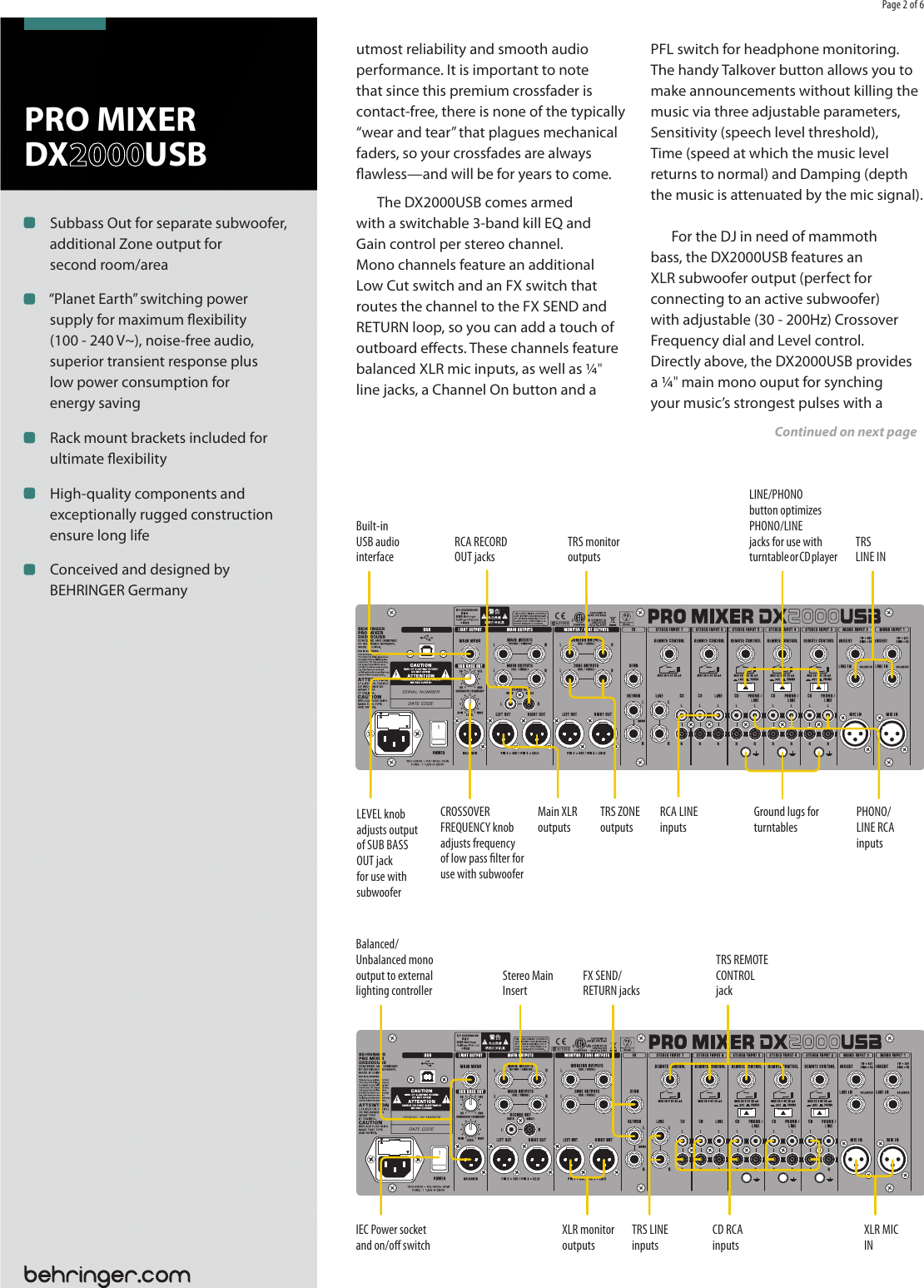 Page 2 of 6 - Behringer Behringer-Pro-Mixer-Dx2000Usb-Brochure- PRO MIXER DX2000USB  Behringer-pro-mixer-dx2000usb-brochure