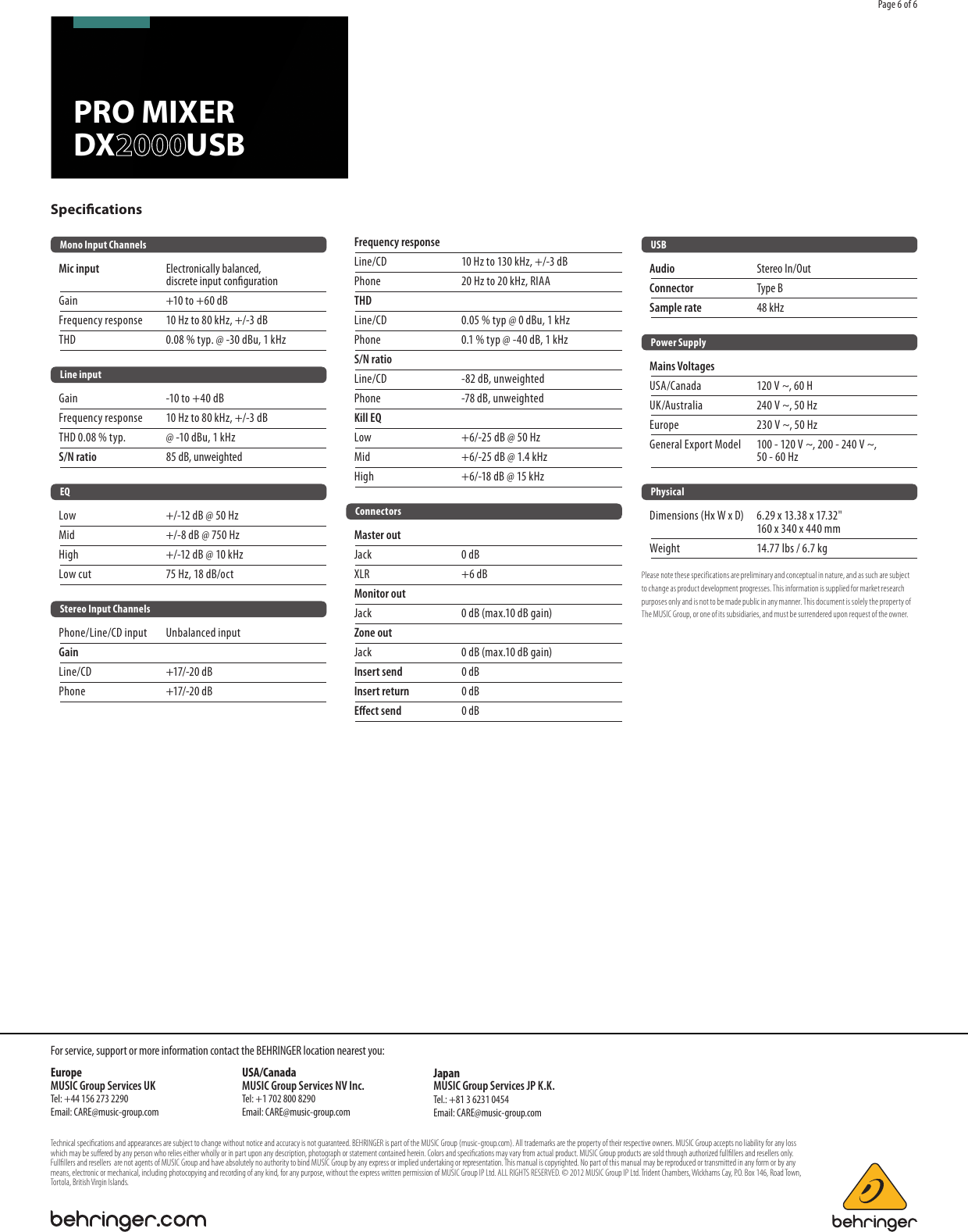 Page 6 of 6 - Behringer Behringer-Pro-Mixer-Dx2000Usb-Brochure- PRO MIXER DX2000USB  Behringer-pro-mixer-dx2000usb-brochure