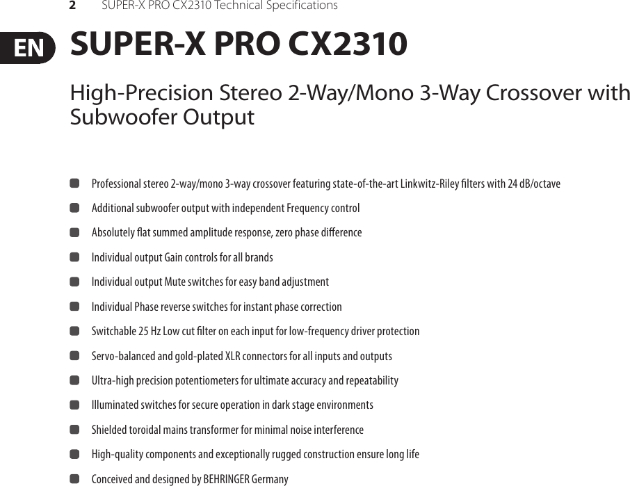 Page 2 of 3 - Behringer Behringer-Super-X-Pro-Cx2310-Specification-Sheet- SUPER-X PRO CX2310  Behringer-super-x-pro-cx2310-specification-sheet