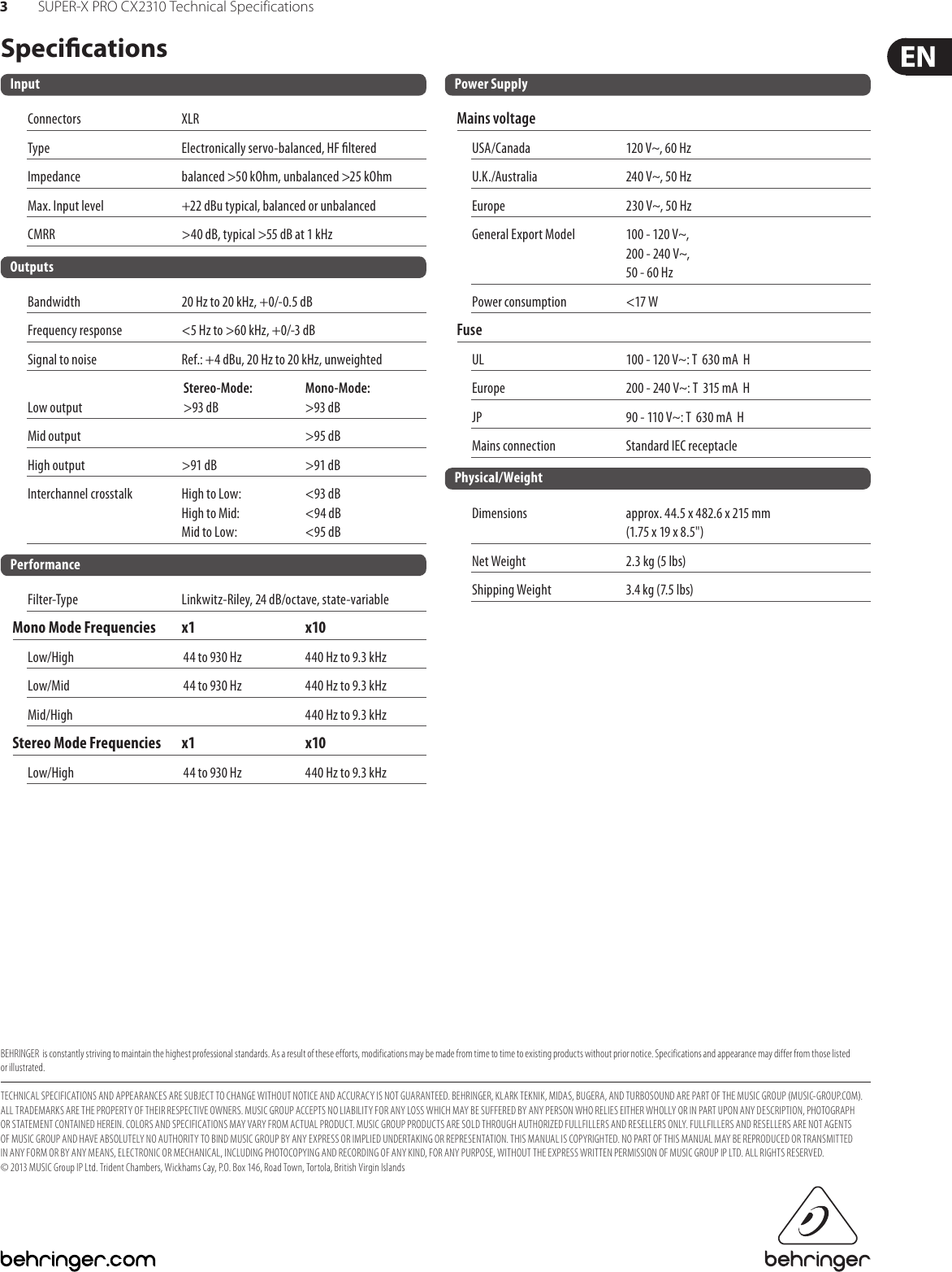 Page 3 of 3 - Behringer Behringer-Super-X-Pro-Cx2310-Specification-Sheet- SUPER-X PRO CX2310  Behringer-super-x-pro-cx2310-specification-sheet