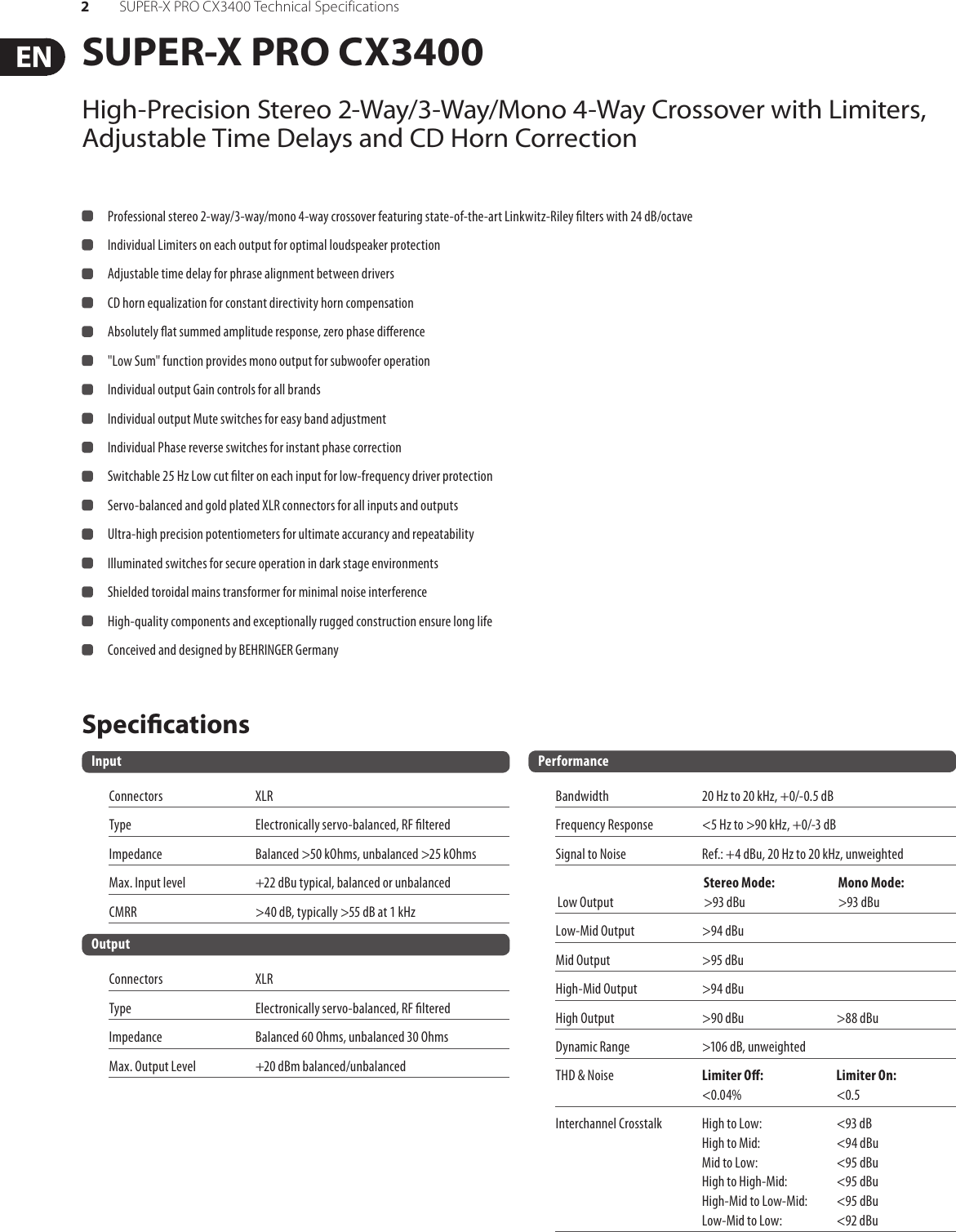 Page 2 of 3 - Behringer Behringer-Super-X-Pro-Cx3400-Specification-Sheet- SUPER-X PRO CX3400  Behringer-super-x-pro-cx3400-specification-sheet