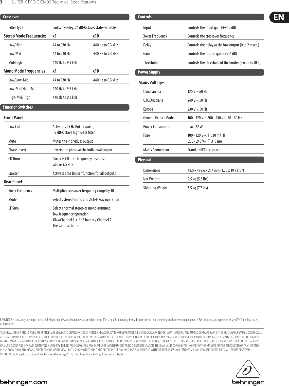 Page 3 of 3 - Behringer Behringer-Super-X-Pro-Cx3400-Specification-Sheet- SUPER-X PRO CX3400  Behringer-super-x-pro-cx3400-specification-sheet