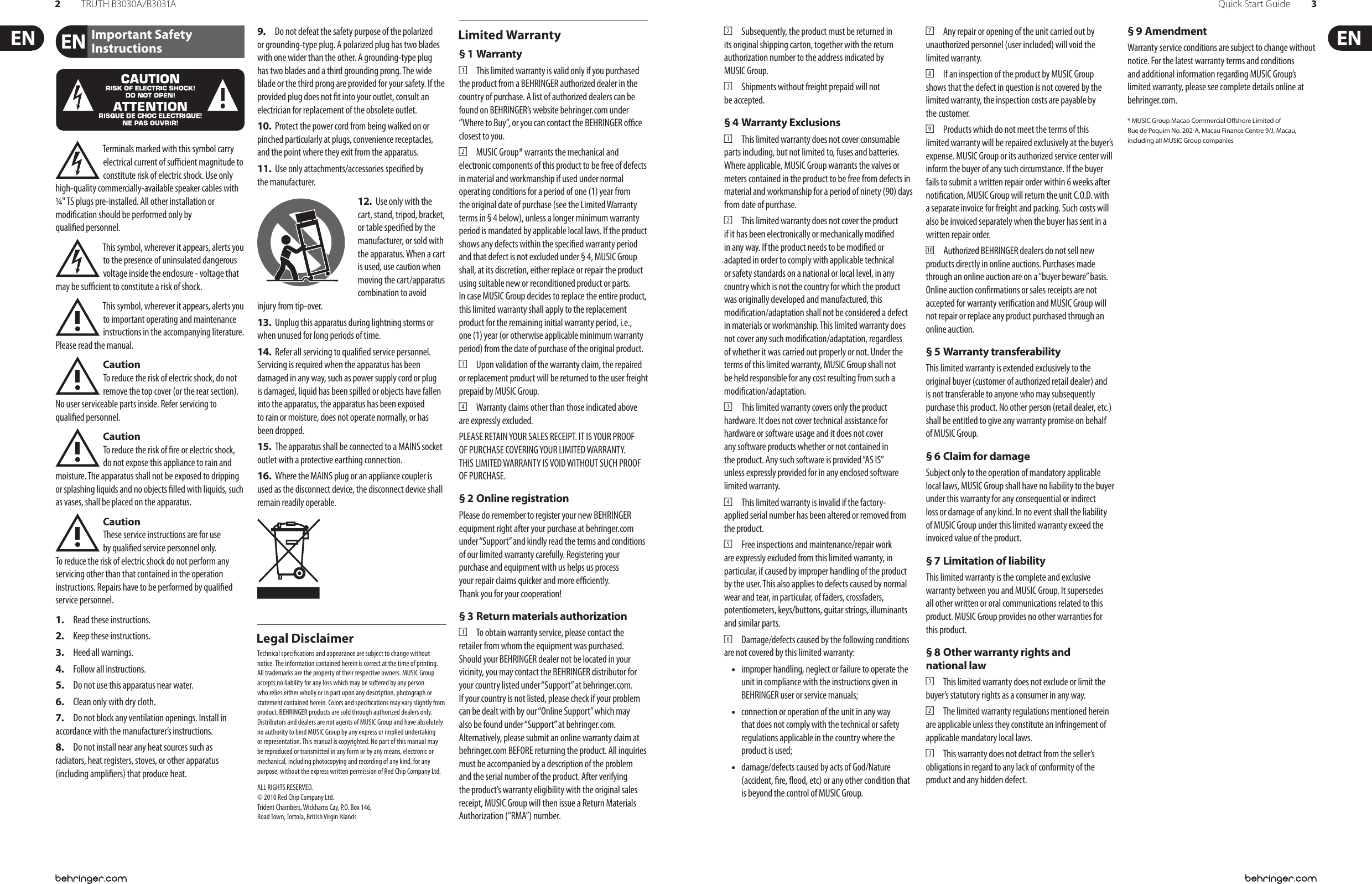 Page 2 of 11 - Behringer Behringer-Truth-B3031A-Quick-Start-Manual-  Behringer-truth-b3031a-quick-start-manual
