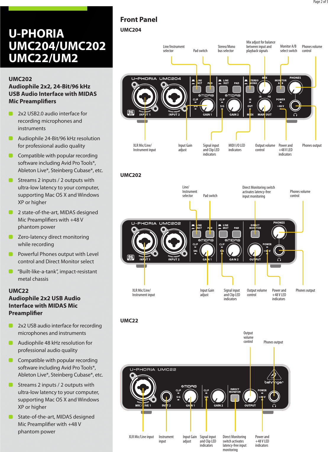 Page 2 of 5 - Behringer Behringer-U-Phoria-Um2-Brochure- P0AUY (UMC204)  Behringer-u-phoria-um2-brochure