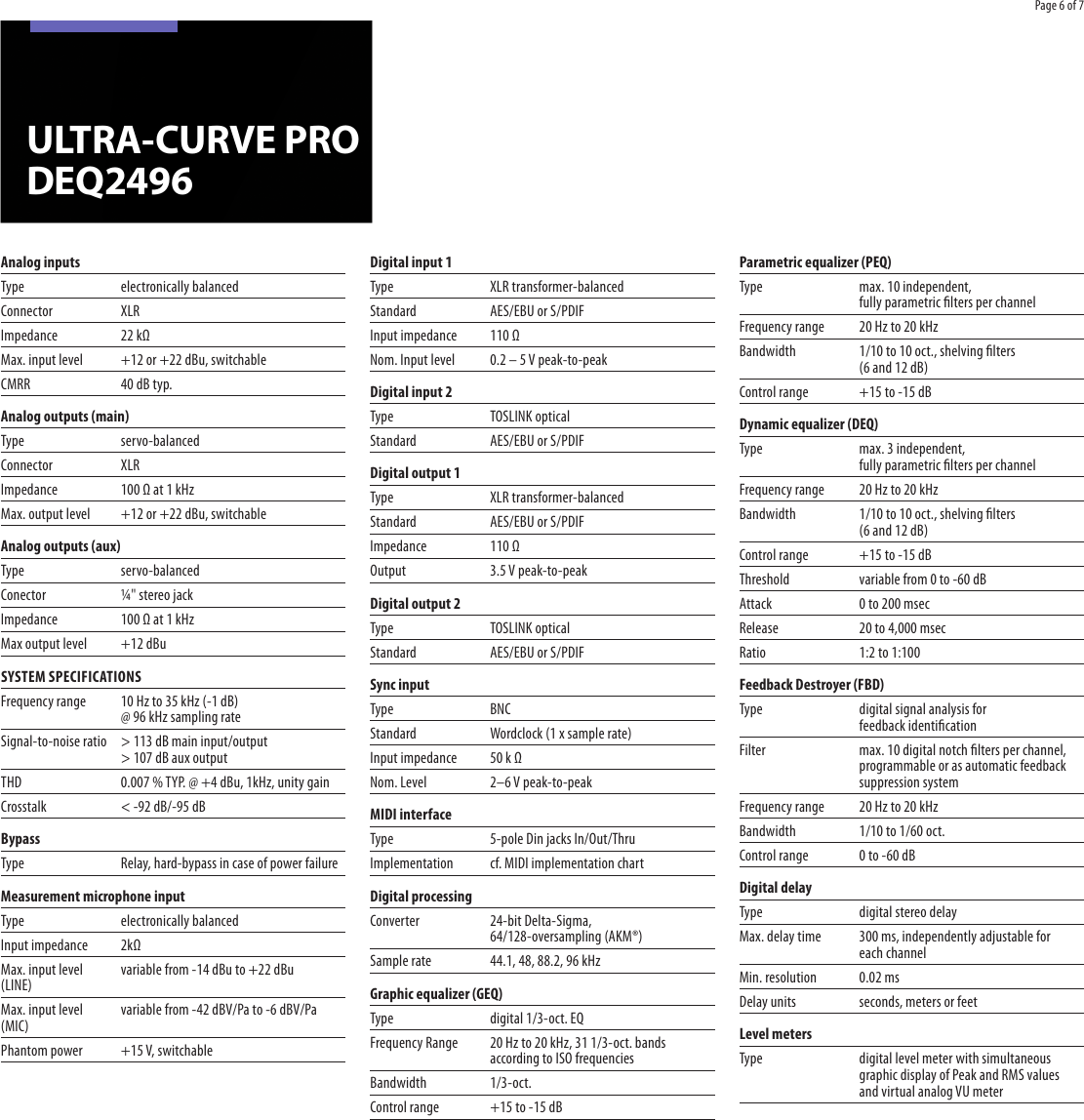 Page 6 of 7 - Behringer Behringer-Ultra-Curve-Pro-Deq2496-Users-Manual- ULTRA-CURVE PRO DEQ2496  Behringer-ultra-curve-pro-deq2496-users-manual