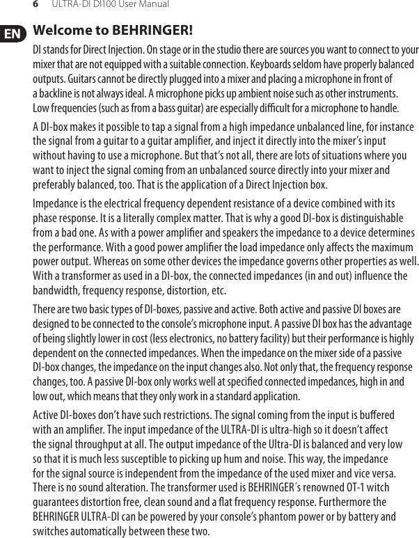 Page 6 of 12 - Behringer Behringer-Ultra-Di-Di100-Users-Manual- ULTRA-DI DI100  Behringer-ultra-di-di100-users-manual