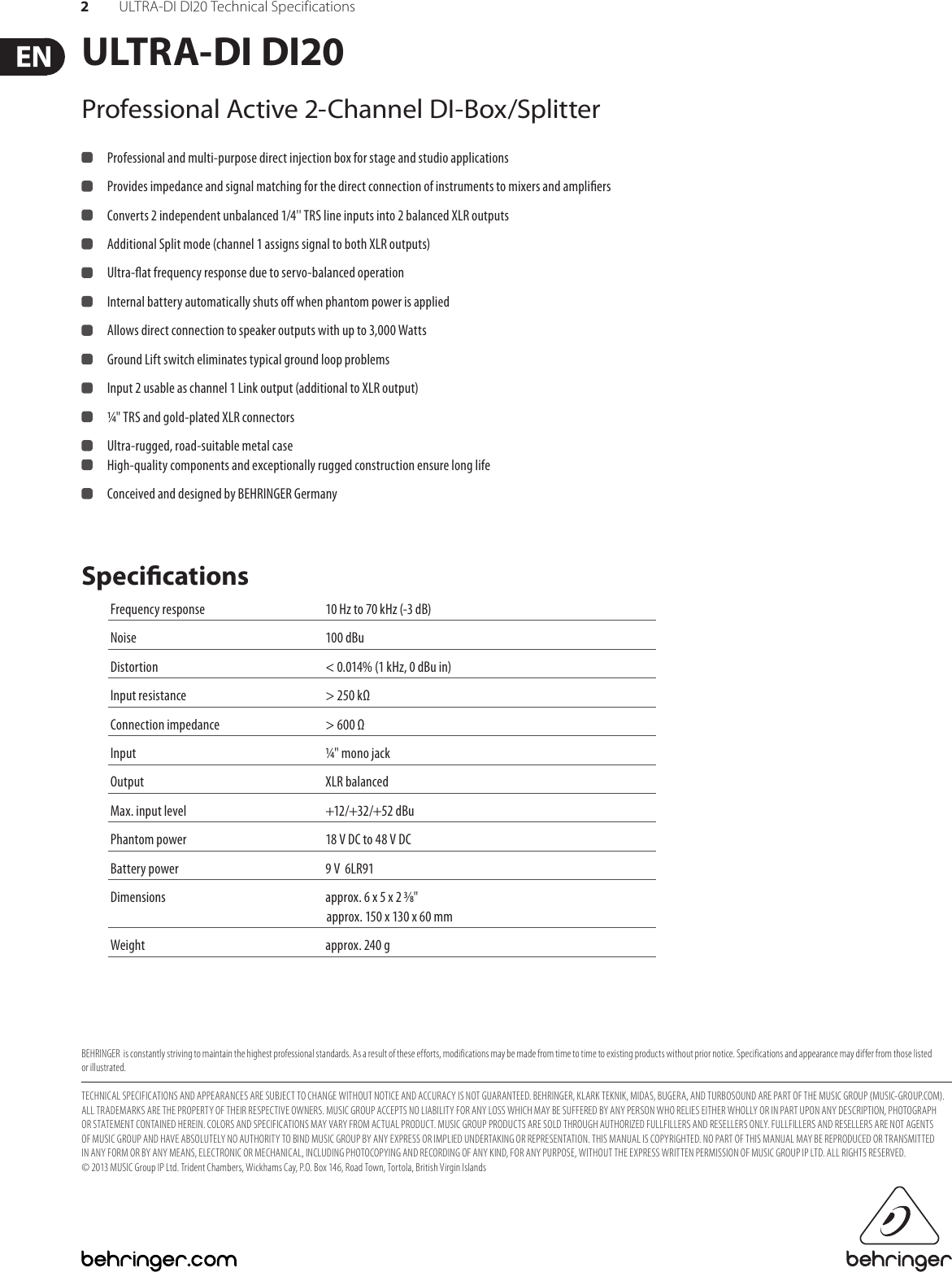 Page 2 of 2 - Behringer Behringer-Ultra-Di-Di20-Specification-Sheet- ULTRA-DI DI20 Behringer-ultra-di-di20-specification-sheet