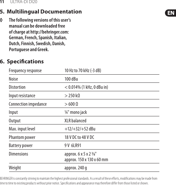 Page 11 of 12 - Behringer Behringer-Ultra-Di-Di20-Users-Manual- ULTRA-DI DI20  Behringer-ultra-di-di20-users-manual