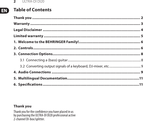 Page 2 of 12 - Behringer Behringer-Ultra-Di-Di20-Users-Manual- ULTRA-DI DI20  Behringer-ultra-di-di20-users-manual