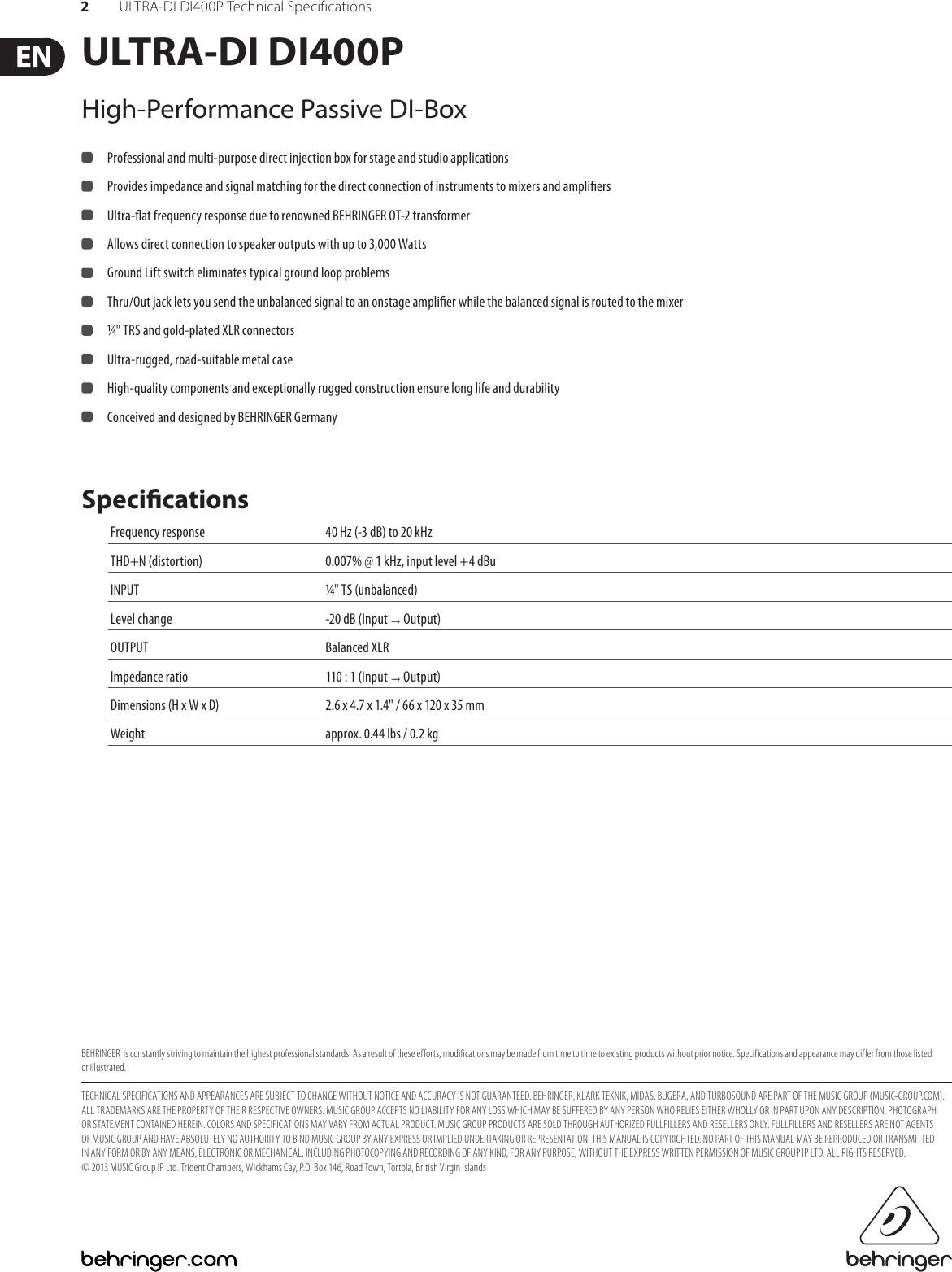 Page 2 of 2 - Behringer Behringer-Ultra-Di-Di400P-Specification-Sheet- ULTRA-DI DI400P  Behringer-ultra-di-di400p-specification-sheet