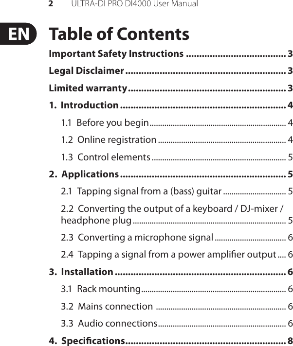 Page 2 of 9 - Behringer Behringer-Ultra-Di-Pro-Di4000-Users-Manual- ULTRA-DI PRO DI4000  Behringer-ultra-di-pro-di4000-users-manual