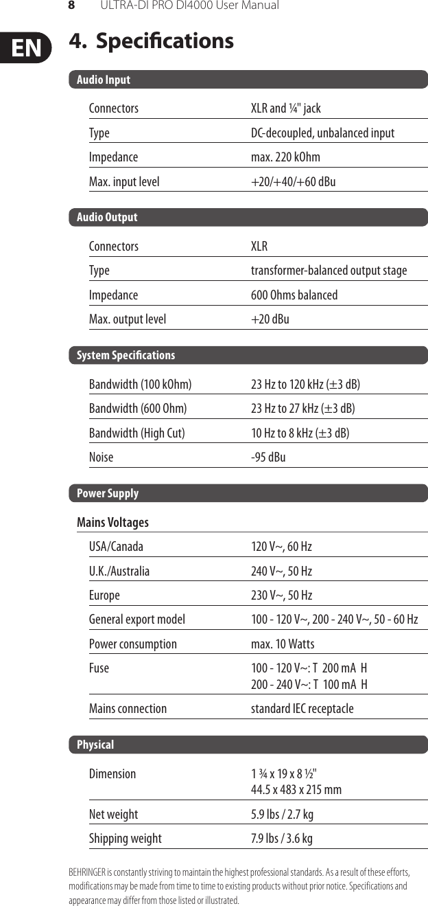 Page 8 of 9 - Behringer Behringer-Ultra-Di-Pro-Di4000-Users-Manual- ULTRA-DI PRO DI4000  Behringer-ultra-di-pro-di4000-users-manual