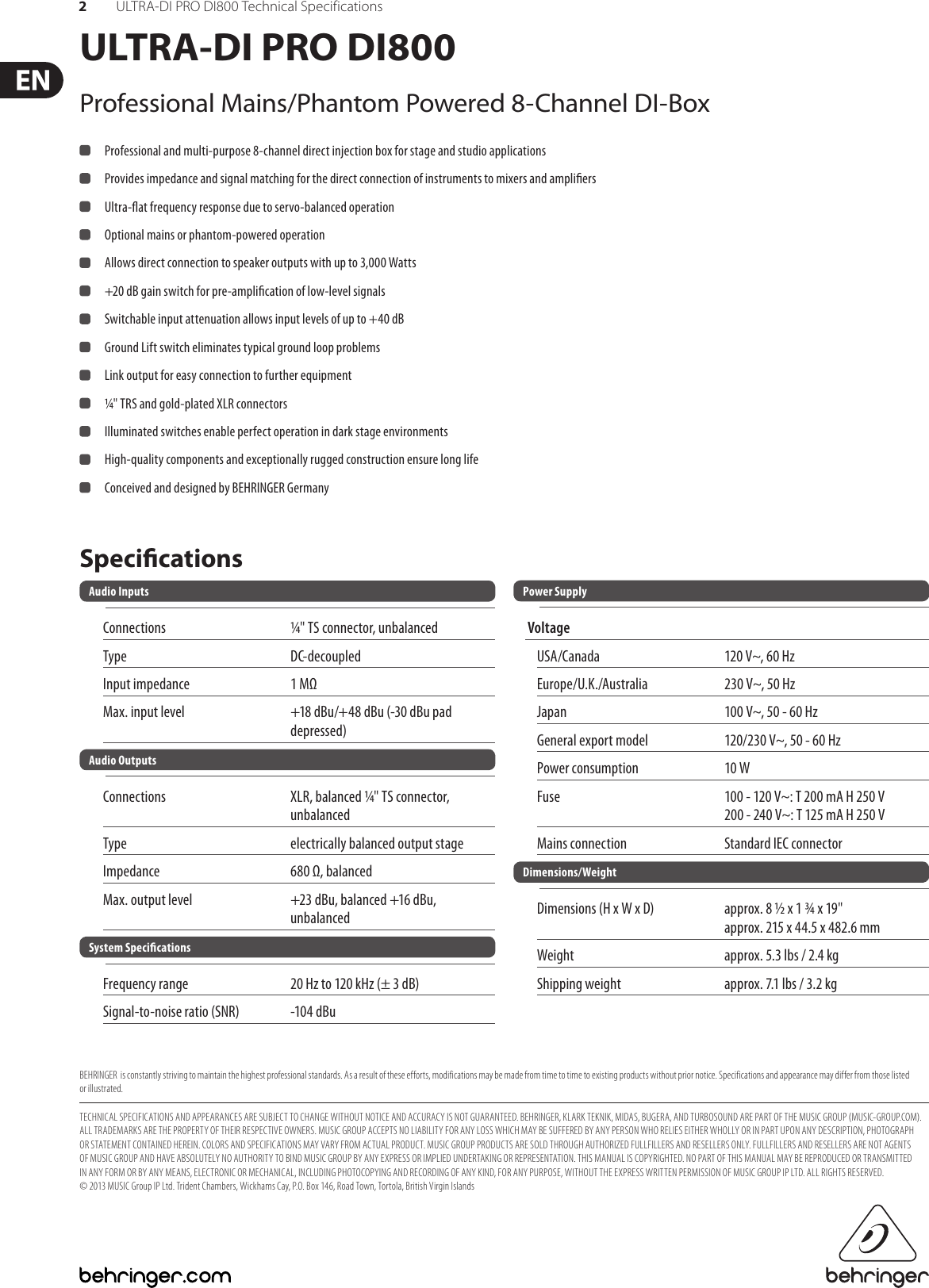 Page 2 of 2 - Behringer Behringer-Ultra-Di-Pro-Di800-Specification-Sheet- ULTRA-DI PRO DI800  Behringer-ultra-di-pro-di800-specification-sheet