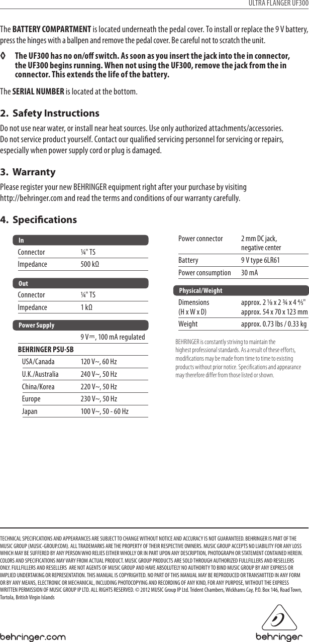 Page 2 of 3 - Behringer Behringer-Ultra-Flanger-Uf300-Users-Manual- ULTRA_FLANGER_UF300  Behringer-ultra-flanger-uf300-users-manual