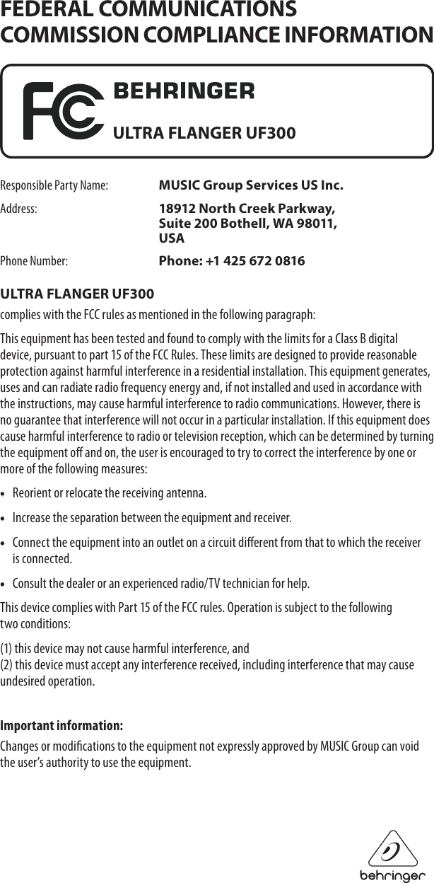 Page 3 of 3 - Behringer Behringer-Ultra-Flanger-Uf300-Users-Manual- ULTRA_FLANGER_UF300  Behringer-ultra-flanger-uf300-users-manual