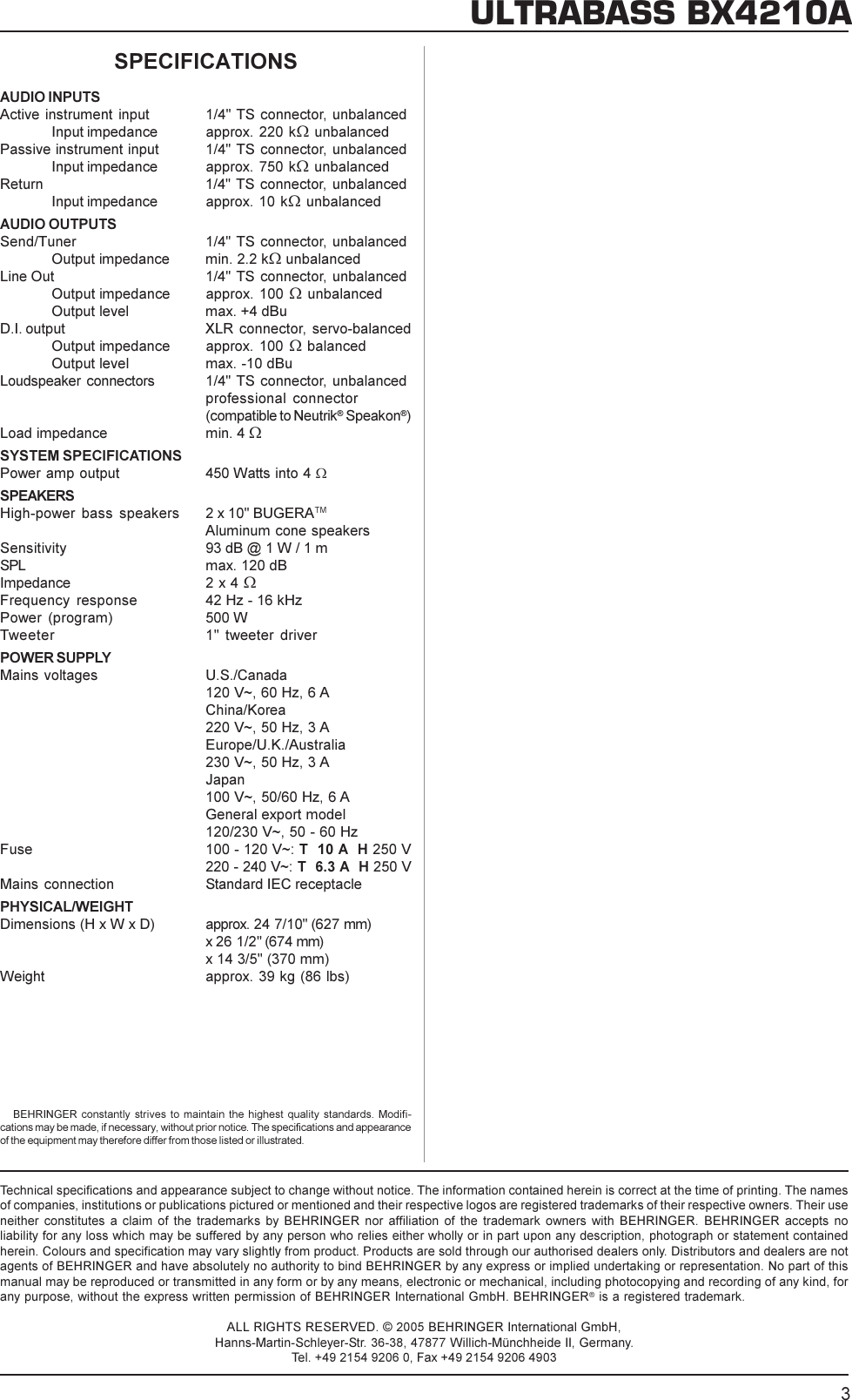 Page 3 of 3 - Behringer Behringer-Ultrabass450-Watt-Bass-Workstation-Bx4210A-Users-Manual- BX4210A_Tech_Info_Rev_C.pmd  Behringer-ultrabass450-watt-bass-workstation-bx4210a-users-manual