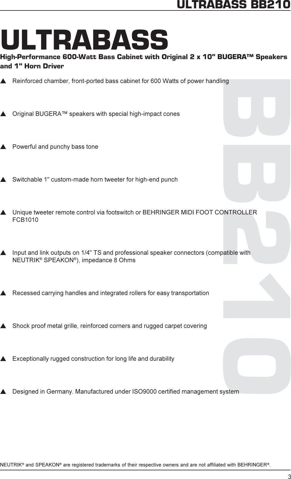 Page 3 of 9 - Behringer Behringer-Ultrabass-Bb210-Users-Manual- DATA-MANFULL_BB210_ENG_Rev_A.pmd  Behringer-ultrabass-bb210-users-manual