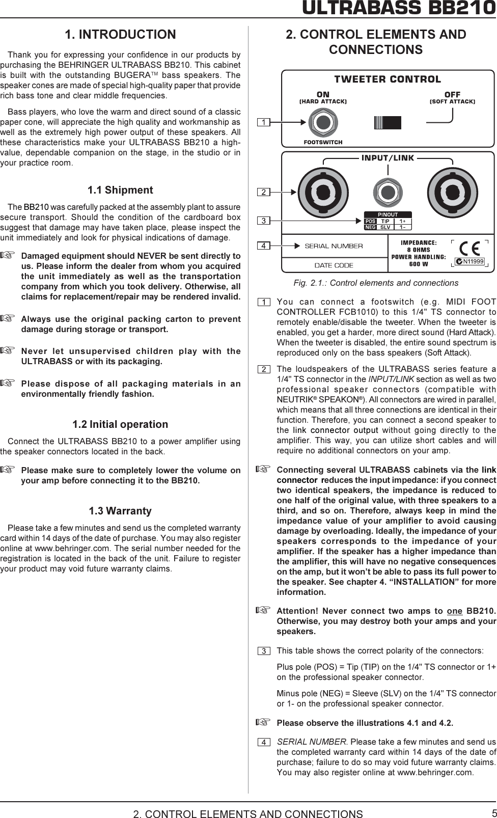 Page 5 of 9 - Behringer Behringer-Ultrabass-Bb210-Users-Manual- DATA-MANFULL_BB210_ENG_Rev_A.pmd  Behringer-ultrabass-bb210-users-manual