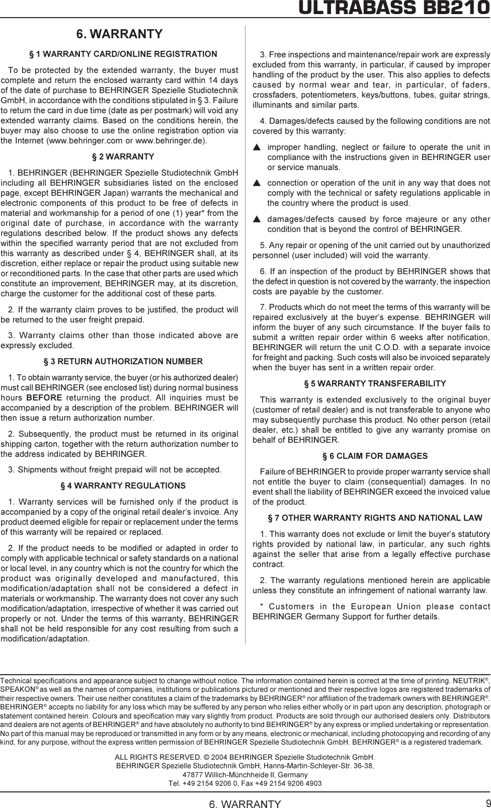Page 9 of 9 - Behringer Behringer-Ultrabass-Bb210-Users-Manual- DATA-MANFULL_BB210_ENG_Rev_A.pmd  Behringer-ultrabass-bb210-users-manual