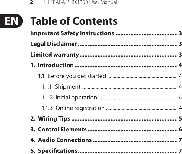 Page 2 of 8 - Behringer Behringer-Ultrabass-Bx1800-Users-Manual- P0409 (BX1800)  Behringer-ultrabass-bx1800-users-manual