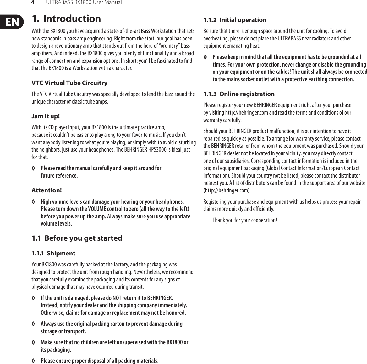 Page 4 of 8 - Behringer Behringer-Ultrabass-Bx1800-Users-Manual- P0409 (BX1800)  Behringer-ultrabass-bx1800-users-manual
