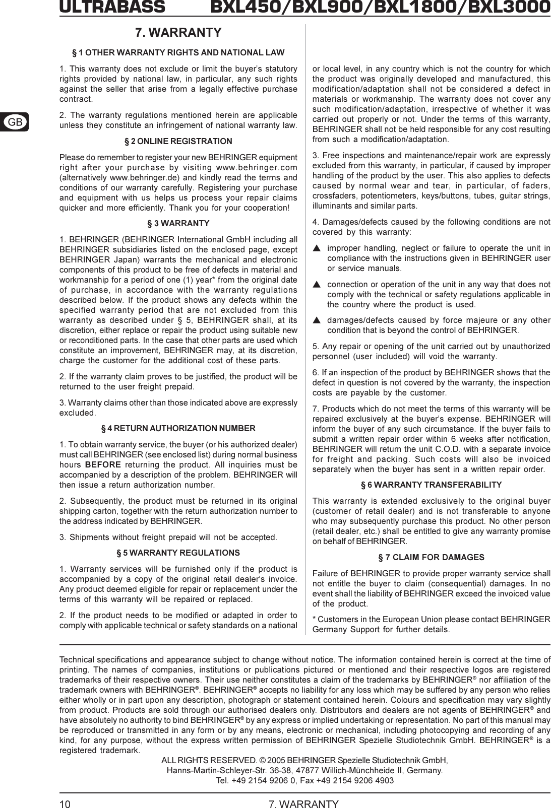 Page 10 of 10 - Behringer Behringer-Ultrabass-Bxl1800-Users-Manual- DATA-MANFULL_BXL_series_ENG_Rev_B.PMD  Behringer-ultrabass-bxl1800-users-manual