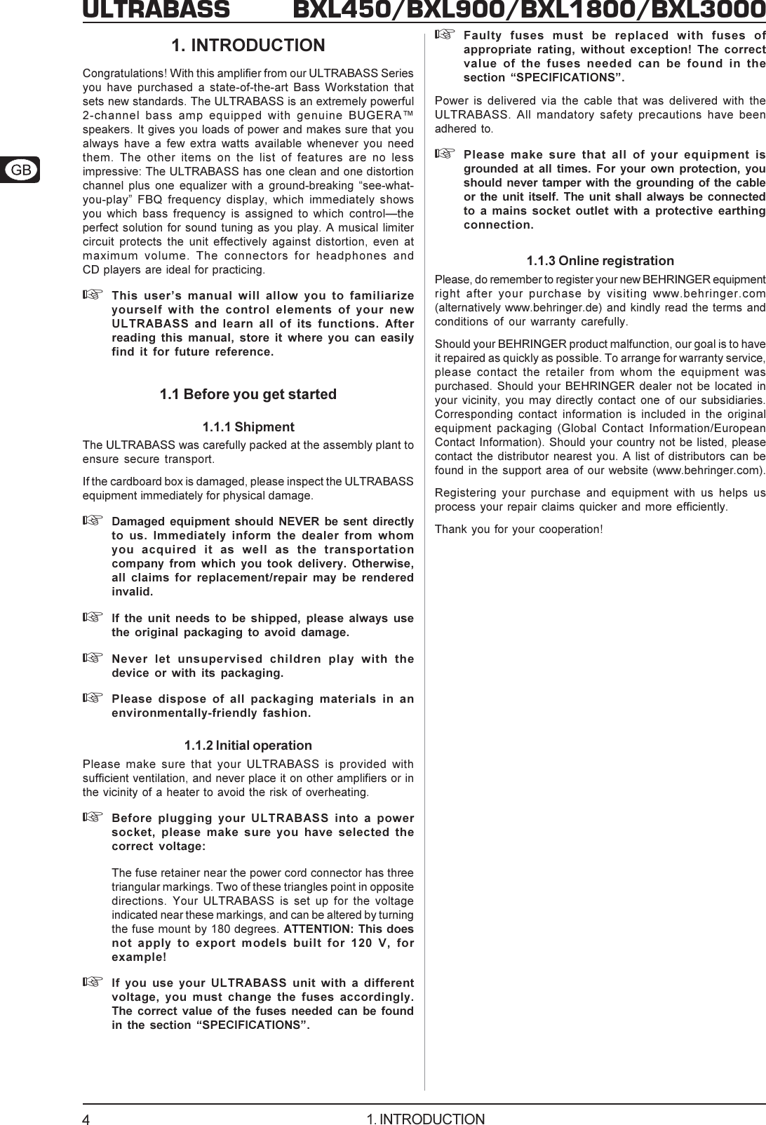 Page 4 of 10 - Behringer Behringer-Ultrabass-Bxl1800-Users-Manual- DATA-MANFULL_BXL_series_ENG_Rev_B.PMD  Behringer-ultrabass-bxl1800-users-manual