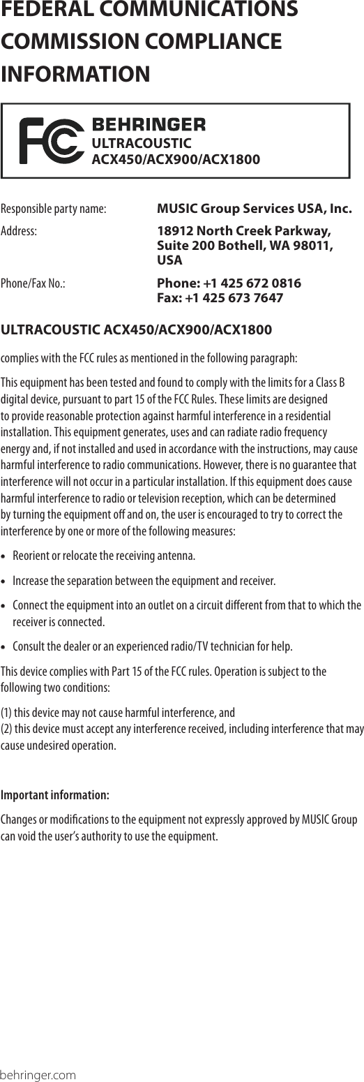 Page 12 of 12 - Behringer Behringer-Ultracoustic-Acx1800-Users-Manual-  Behringer-ultracoustic-acx1800-users-manual