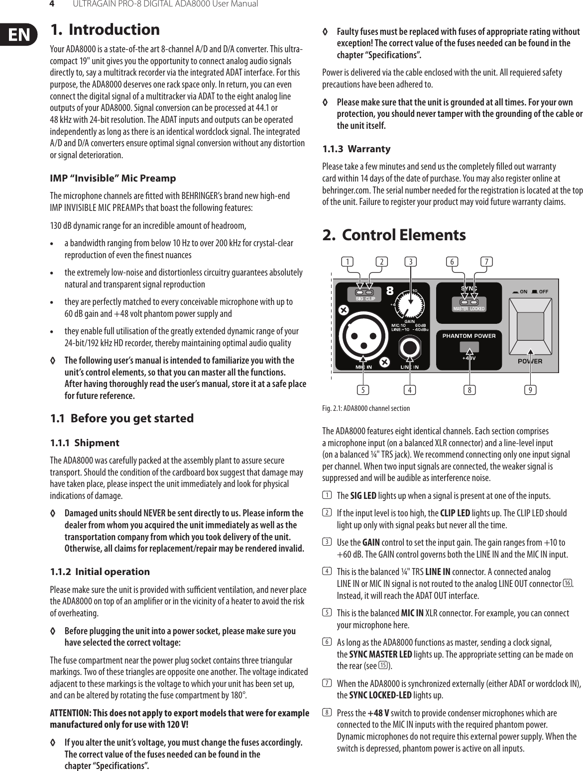 Page 4 of 9 - Behringer Behringer-Ultragain-Pro-8-Digital-Ada8000-Users-Manual- P0187 (ADA8000)  Behringer-ultragain-pro-8-digital-ada8000-users-manual