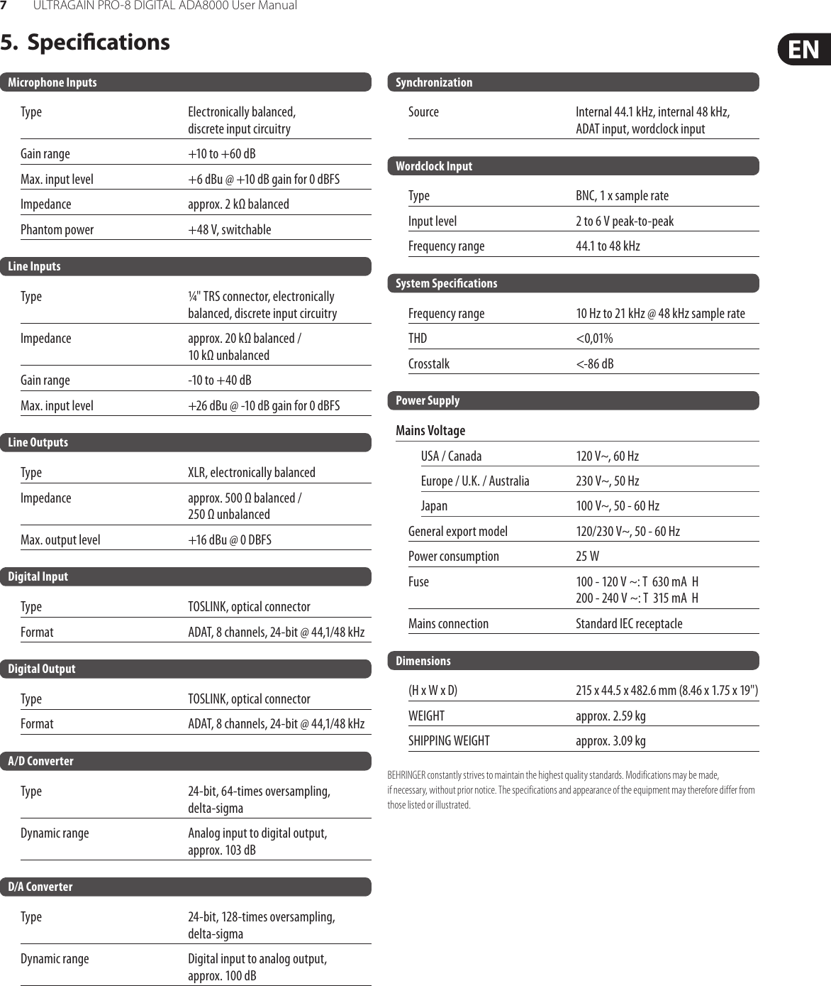 Page 7 of 9 - Behringer Behringer-Ultragain-Pro-8-Digital-Ada8000-Users-Manual- P0187 (ADA8000)  Behringer-ultragain-pro-8-digital-ada8000-users-manual