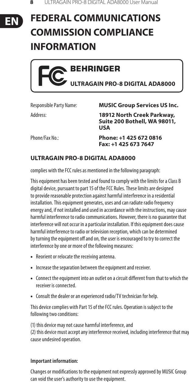 Page 8 of 9 - Behringer Behringer-Ultragain-Pro-8-Digital-Ada8000-Users-Manual- P0187 (ADA8000)  Behringer-ultragain-pro-8-digital-ada8000-users-manual