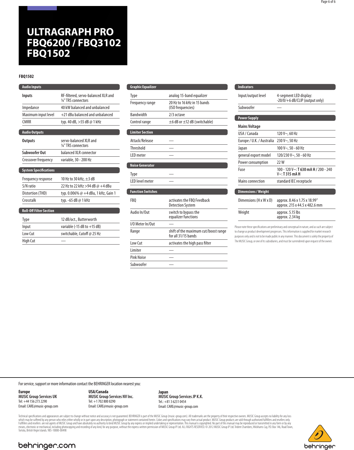 Page 6 of 6 - Behringer Behringer-Ultragraph-Pro-Fbq1502-Brochure- ULTRAGRAPH PRO FBQ6200/FBQ3102/FBQ1502  Behringer-ultragraph-pro-fbq1502-brochure