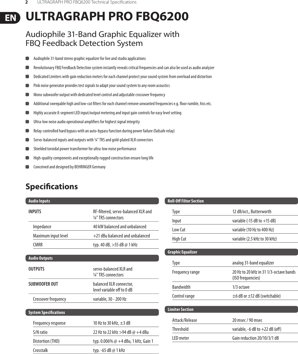 Page 2 of 3 - Behringer Behringer-Ultragraph-Pro-Fbq6200-Specification-Sheet- ULTRAGRAPH PRO FBQ6200  Behringer-ultragraph-pro-fbq6200-specification-sheet
