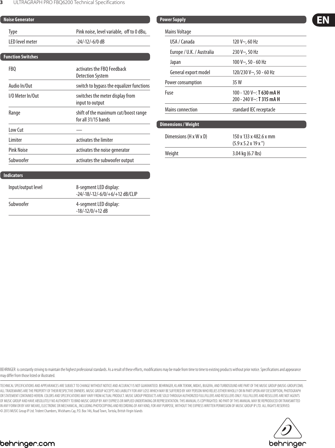 Page 3 of 3 - Behringer Behringer-Ultragraph-Pro-Fbq6200-Specification-Sheet- ULTRAGRAPH PRO FBQ6200  Behringer-ultragraph-pro-fbq6200-specification-sheet