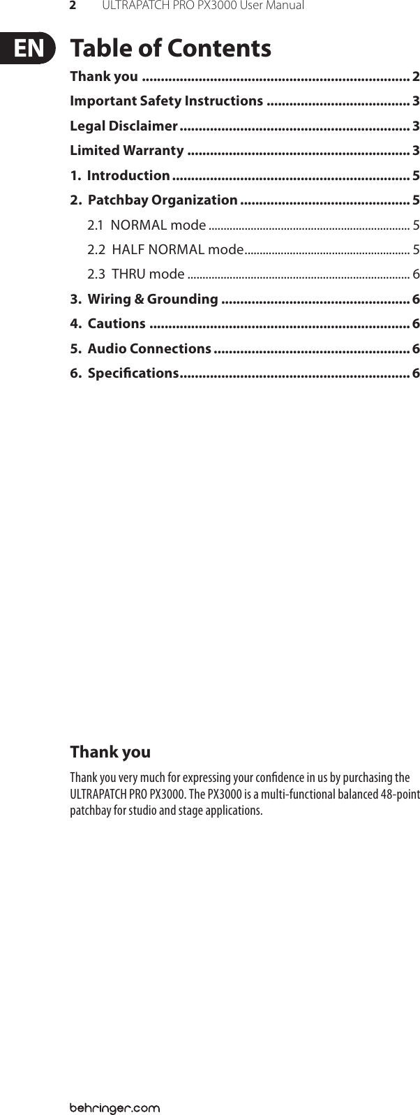 Page 2 of 7 - Behringer Behringer-Ultrapatch-Pro-Px3000-Users-Manual- ULTRAPATCH PRO PX3000  Behringer-ultrapatch-pro-px3000-users-manual