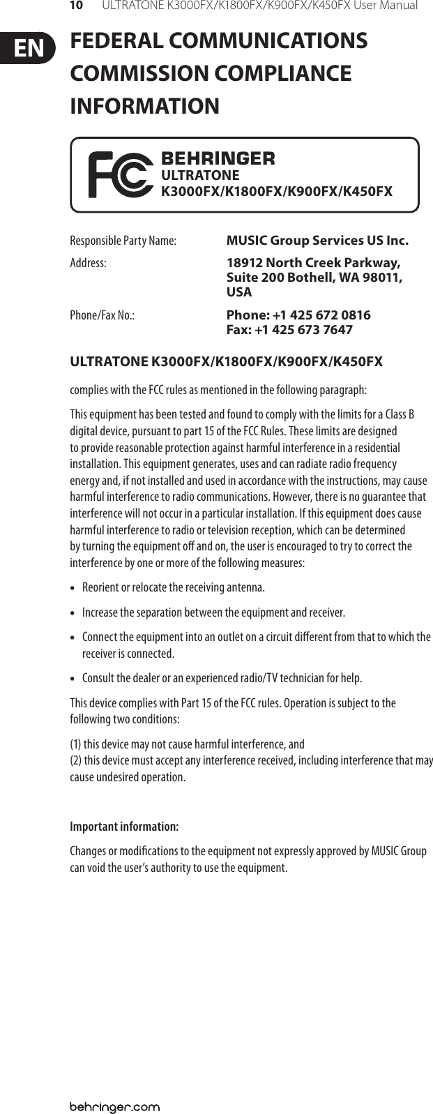 Page 10 of 11 - Behringer Behringer-Ultratone-K1800Fx-Users-Manual- ULTRATONE K3000FX/K1800FX/K900FX/K450FX  Behringer-ultratone-k1800fx-users-manual