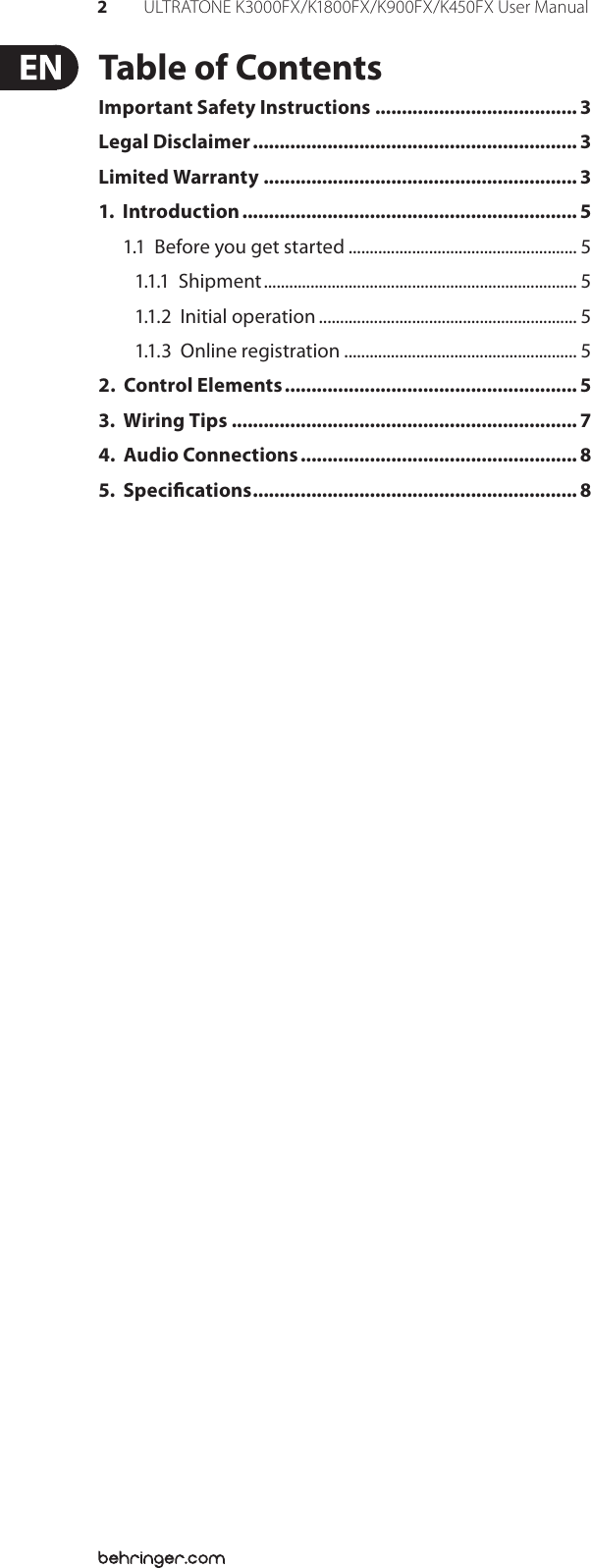 Page 2 of 11 - Behringer Behringer-Ultratone-K1800Fx-Users-Manual- ULTRATONE K3000FX/K1800FX/K900FX/K450FX  Behringer-ultratone-k1800fx-users-manual