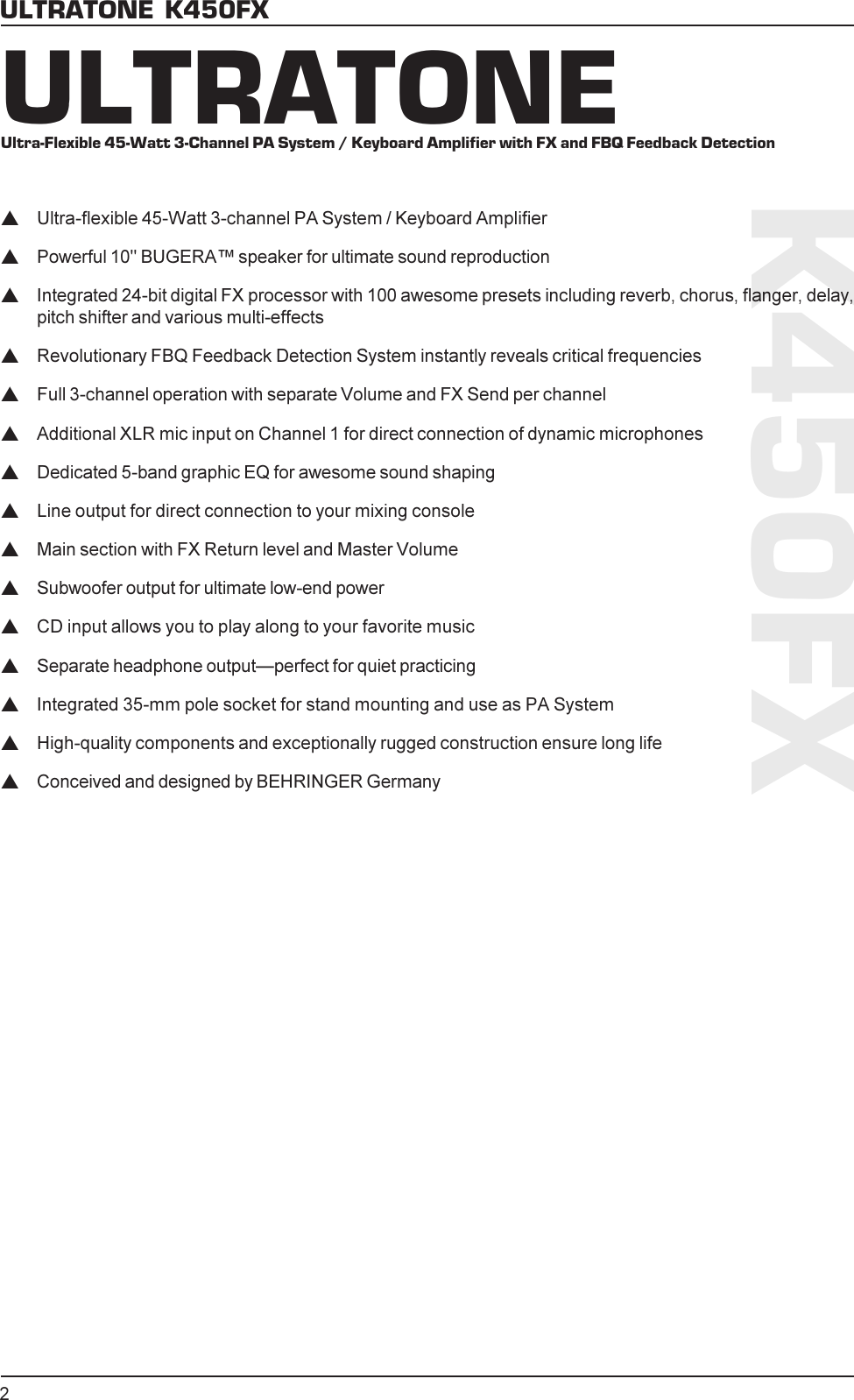 Page 2 of 3 - Behringer Behringer-Ultratone-K450Fx-Specification-Sheet- K450FX_Tech_Info_Rev_B.pmd  Behringer-ultratone-k450fx-specification-sheet