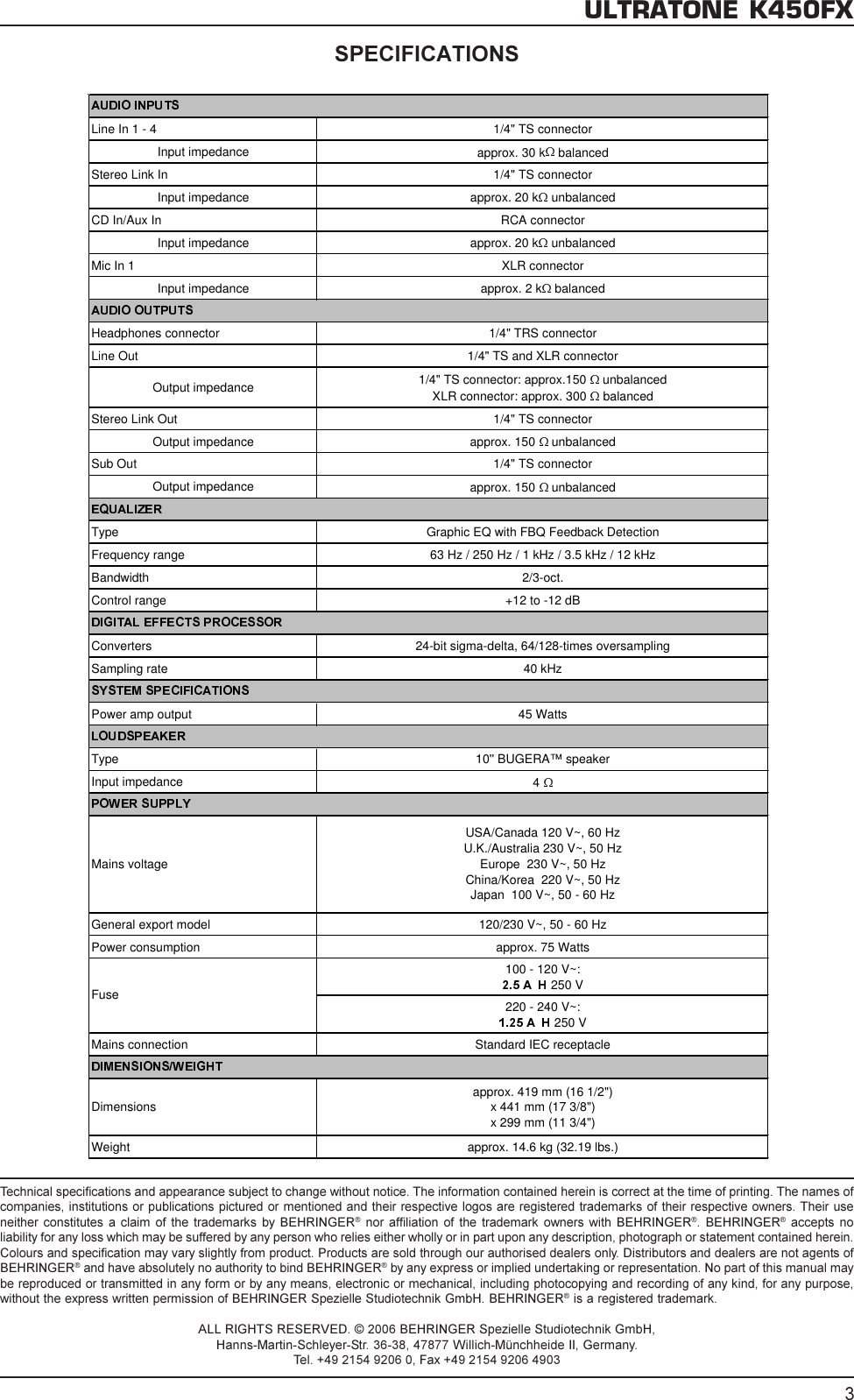 Page 3 of 3 - Behringer Behringer-Ultratone-K450Fx-Specification-Sheet- K450FX_Tech_Info_Rev_B.pmd  Behringer-ultratone-k450fx-specification-sheet