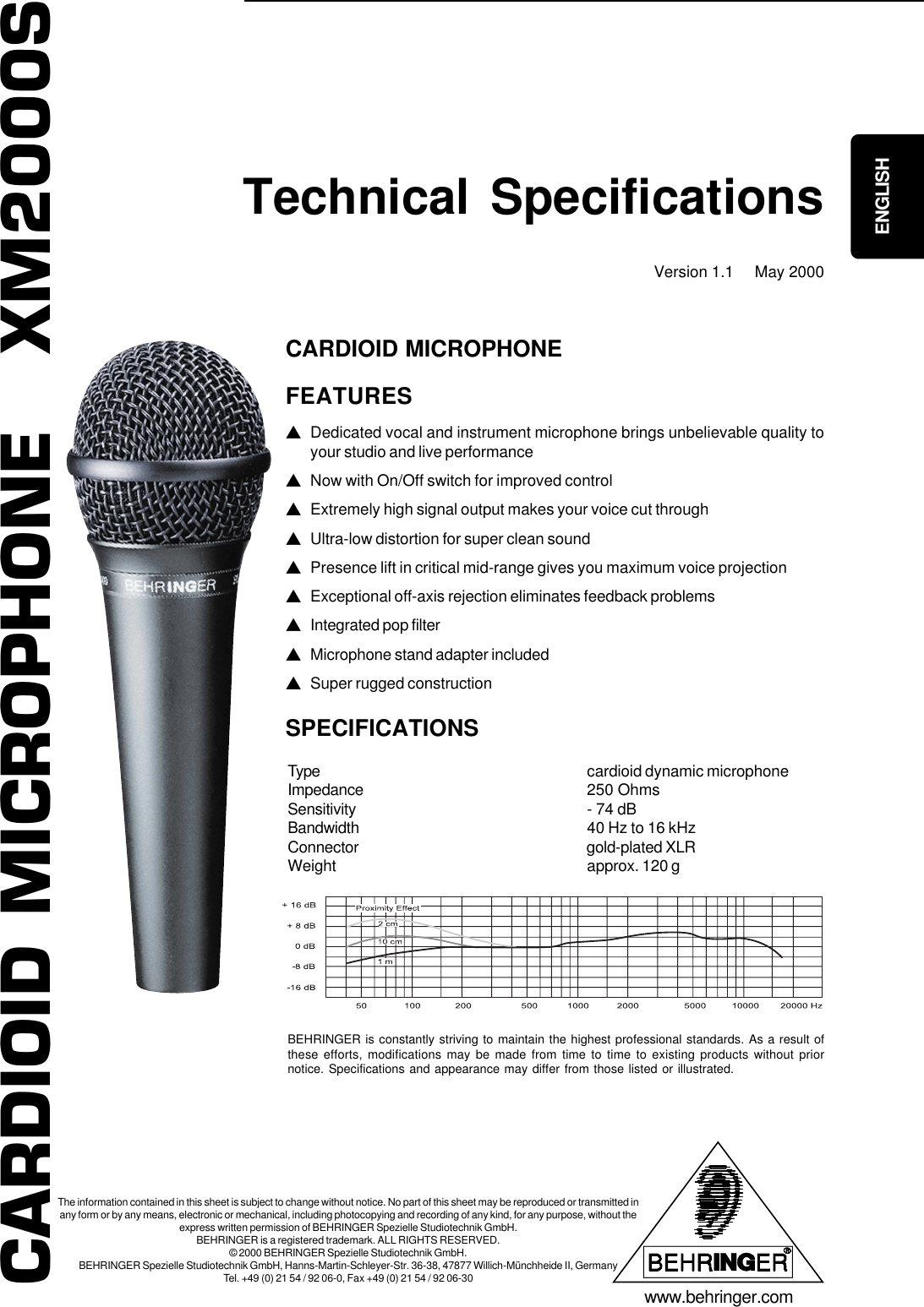 Behringer Ultravoice Xm2000S Specification Sheet CARDIOID MICROPHONE