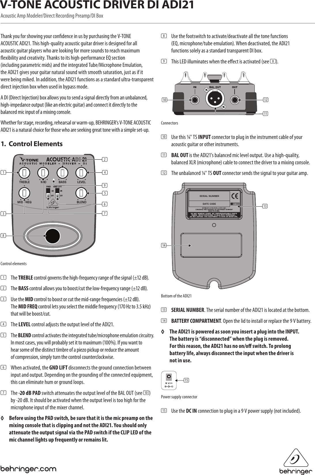 Page 1 of 2 - Behringer Behringer-V-Tone-Acoustic-Driver-Di-Adi21-Users-Manual- V-TONE ACOUSTIC DRIVER DI ADI21  Behringer-v-tone-acoustic-driver-di-adi21-users-manual